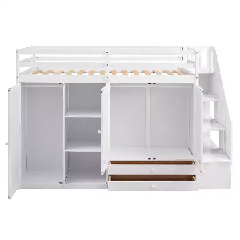 Kiefern-Hochbett mit Kleiderschränken, Schubladen und Regalen 237 cm L x 156 cm H
