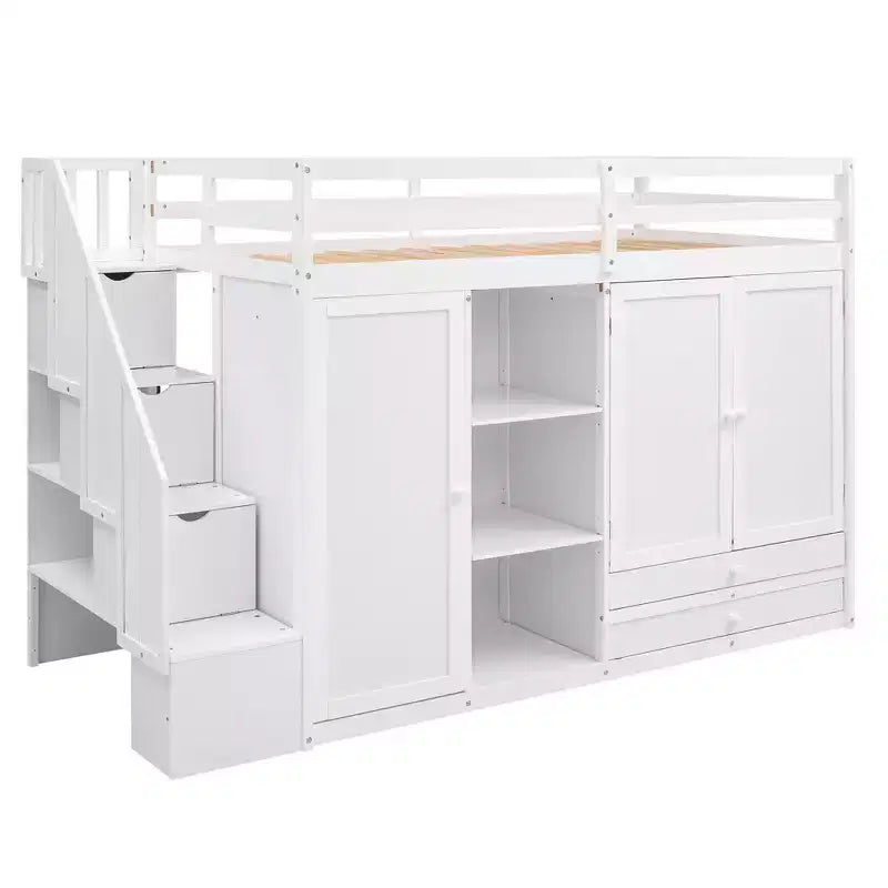 Kiefern-Hochbett mit Kleiderschränken, Schubladen und Regalen 237 cm L x 156 cm H