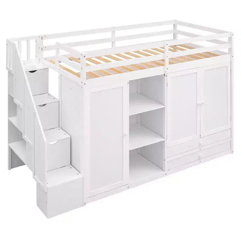 Kiefern-Hochbett mit Kleiderschränken, Schubladen und Regalen 237 cm L x 156 cm H