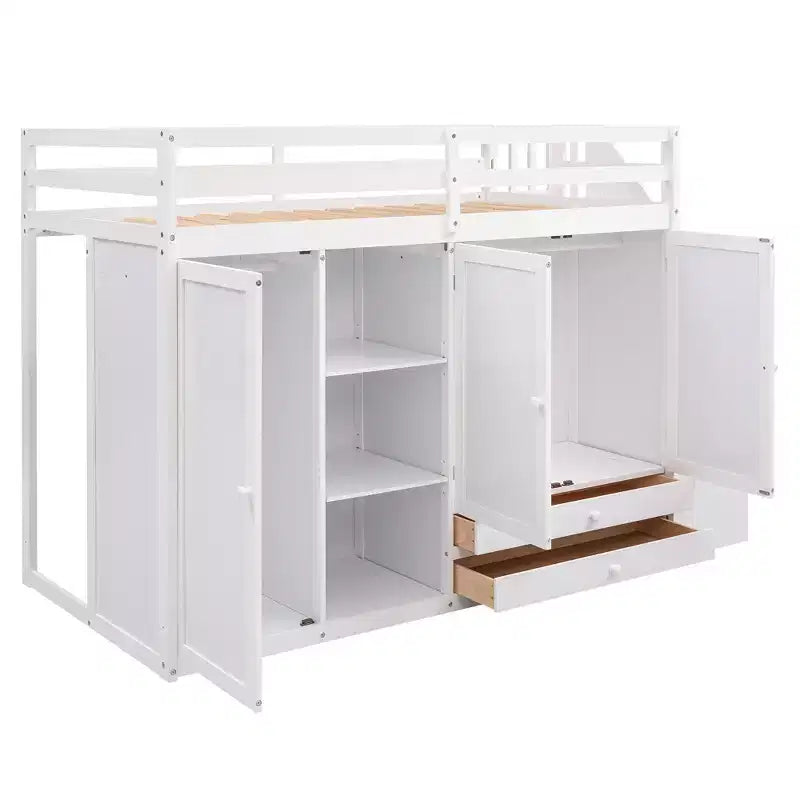 Kiefern-Hochbett mit Kleiderschränken, Schubladen und Regalen 237 cm L x 156 cm H