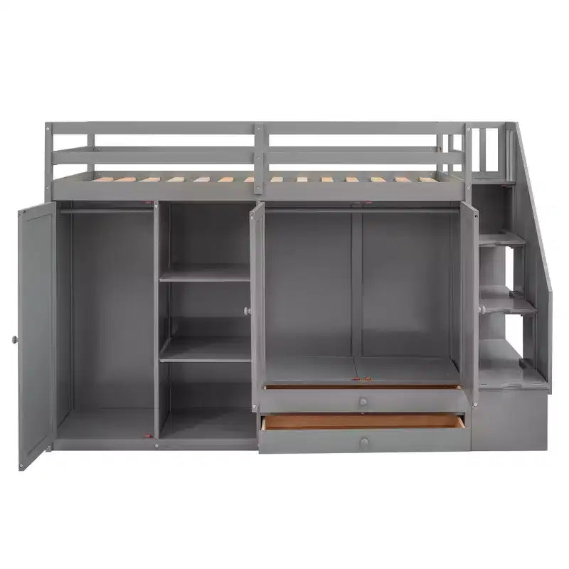 Pine Wood Loft Bed with Wardrobes, Drawers and Shelves 93.3"L x 61.4"H