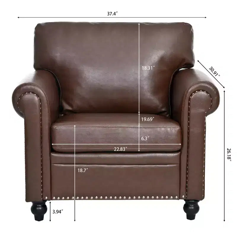 PU-Leder Chesterfield-Sofa mit gerollten Armlehnen und Nagelbesatz, 213 cm breit