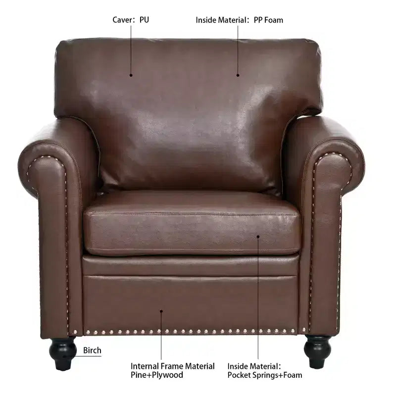 PU-Leder Chesterfield-Sofa mit gerollten Armlehnen und Nagelbesatz, 213 cm breit
