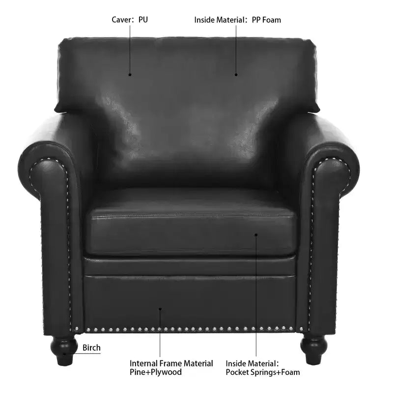 PU-Leder Chesterfield-Sofa mit gerollten Armlehnen und Nagelbesatz, 213 cm breit