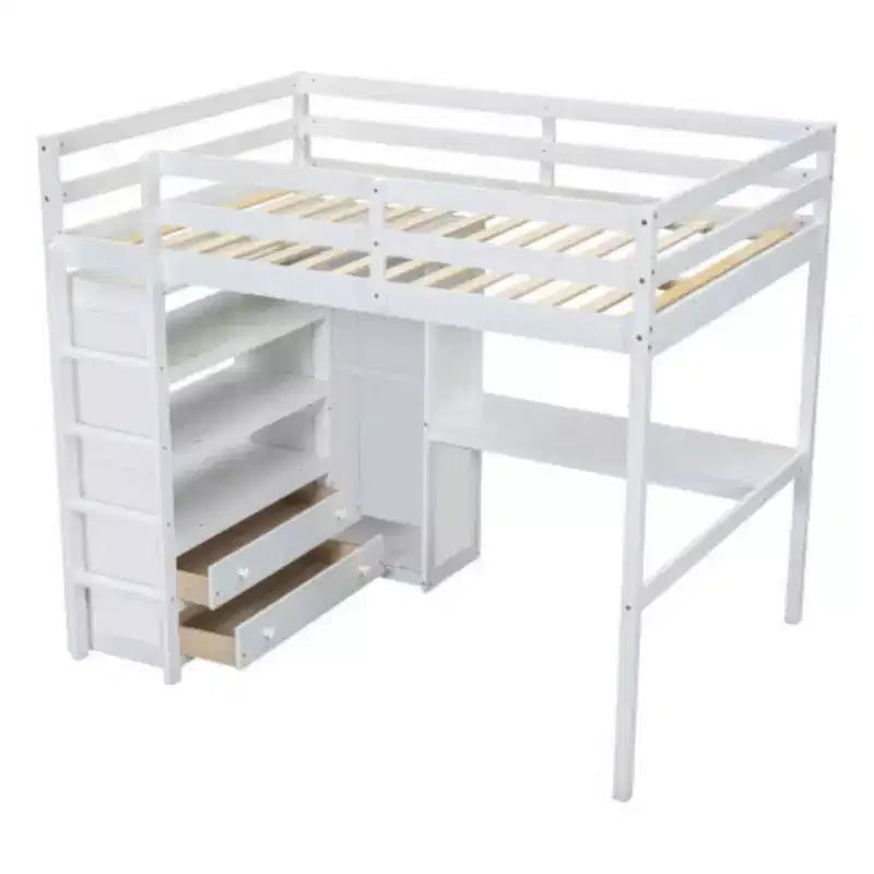 Vollholz-Hochbett aus Kiefer mit Kleiderschrank, Schreibtisch und Schubladen