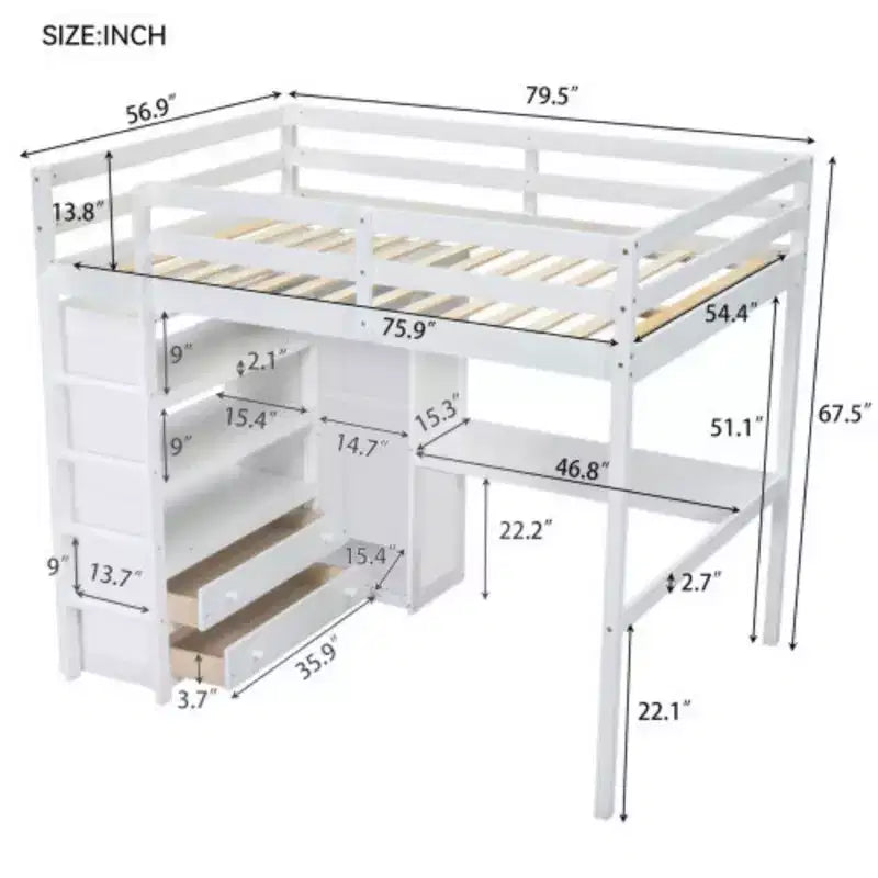 Pine Wood Full Size Loft Bed with Wardrobe, Desk and Drawers