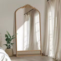 Solid Wood Carved Flower Vine Straight Angle Micro Block Brown Full-length Mirror 180x93x4cm (Without Bracket)