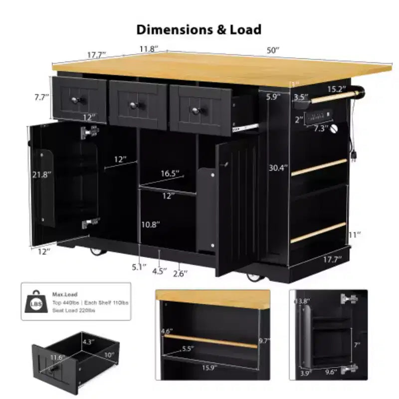 MDF Rolling Kitchen Island with Drop Leaf 53''