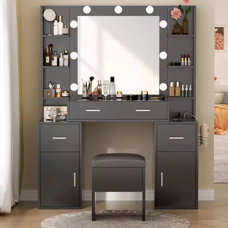 Glass Top Vanity Desk with Lighted Mirror and Storage Bench