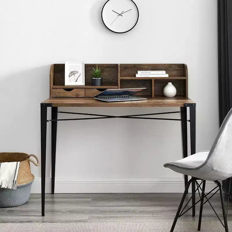 Walnut Industrial Secretary Desk with Hutch 42''