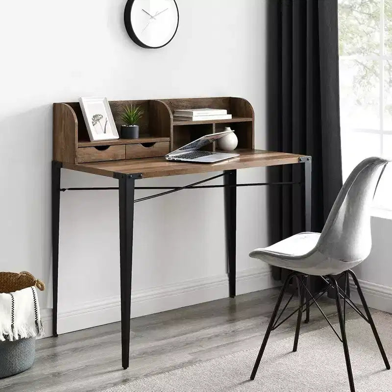 Walnut Industrial Secretary Desk with Hutch 42''