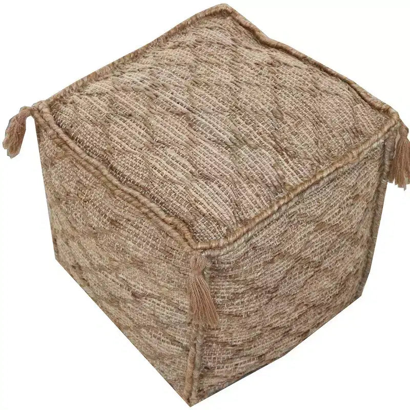 Jute Cube Pouf Ottoman with Tassels 18''