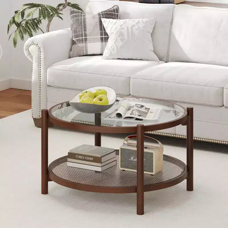 Couchtisch aus Holz und Rattan mit Glasplatte 79 cm