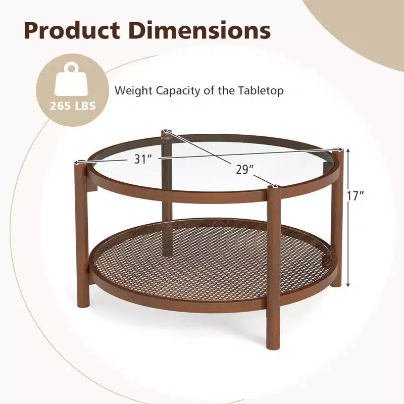 Couchtisch aus Holz und Rattan mit Glasplatte 79 cm