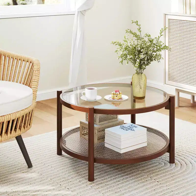 Couchtisch aus Holz und Rattan mit Glasplatte 79 cm