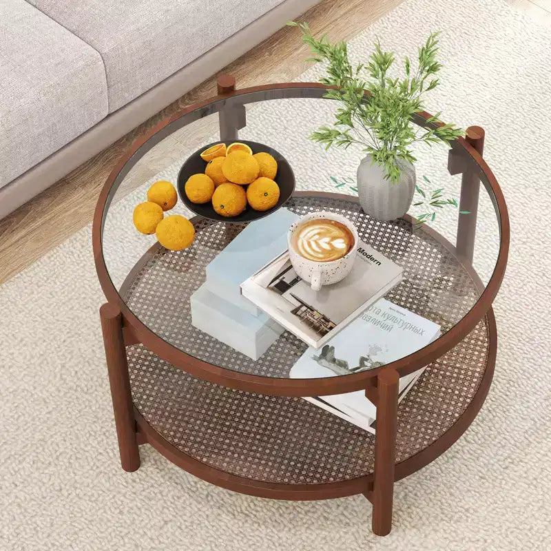 Couchtisch aus Holz und Rattan mit Glasplatte 79 cm