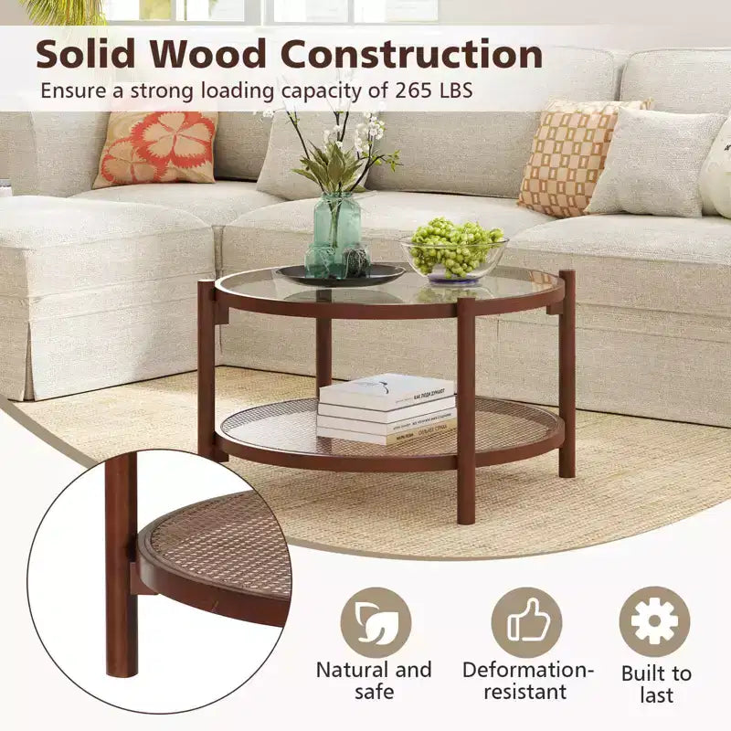 Couchtisch aus Holz und Rattan mit Glasplatte 79 cm