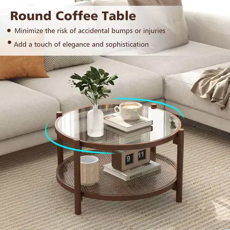 Couchtisch aus Holz und Rattan mit Glasplatte 79 cm