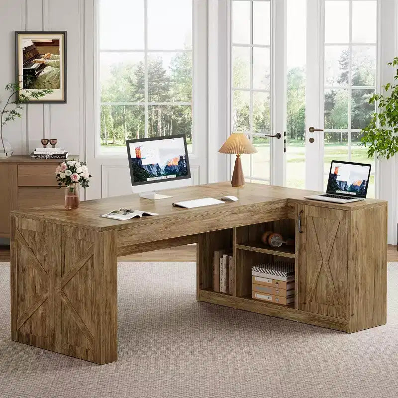 MDF L-Shaped Executive Desk with File Cabinet 70.87''