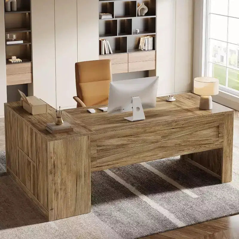 MDF L-Shaped Executive Desk with File Cabinet 70.87''