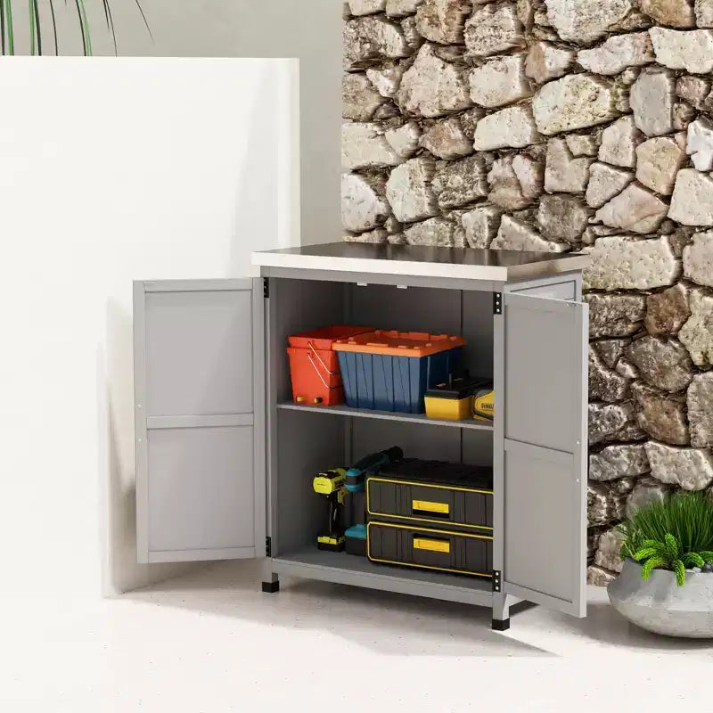 Fir Wood Outdoor Storage Cabinet with Metal Tabletop 36.2''