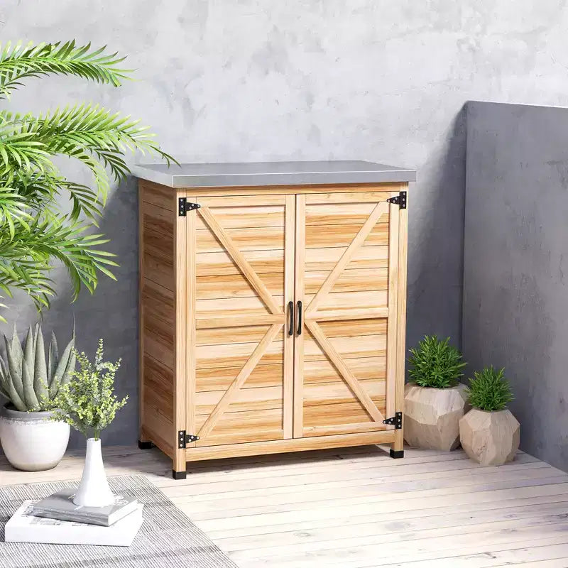 Tannenhölzernes Outdoor-Aufbewahrungsschrank mit Metallplatte 92 cm