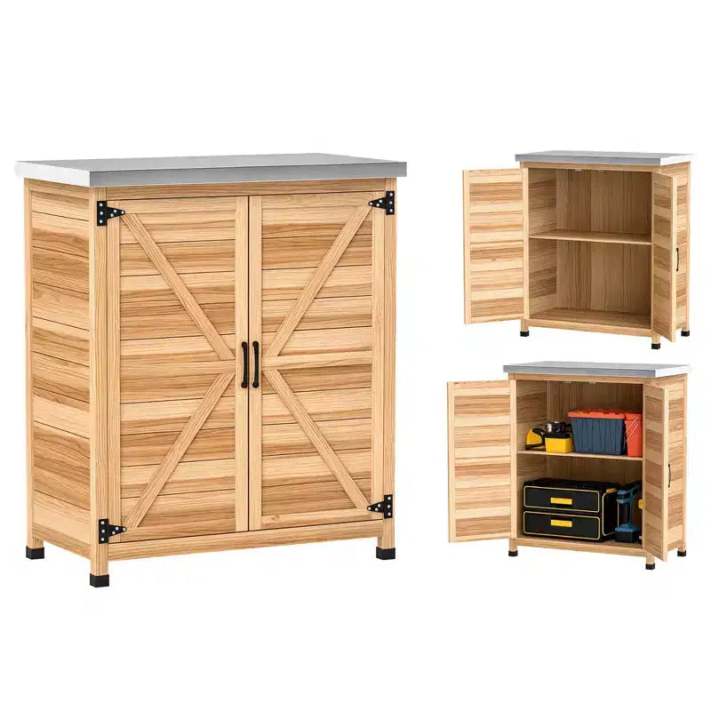 Fir Wood Outdoor Storage Cabinet with Metal Tabletop 36.2''