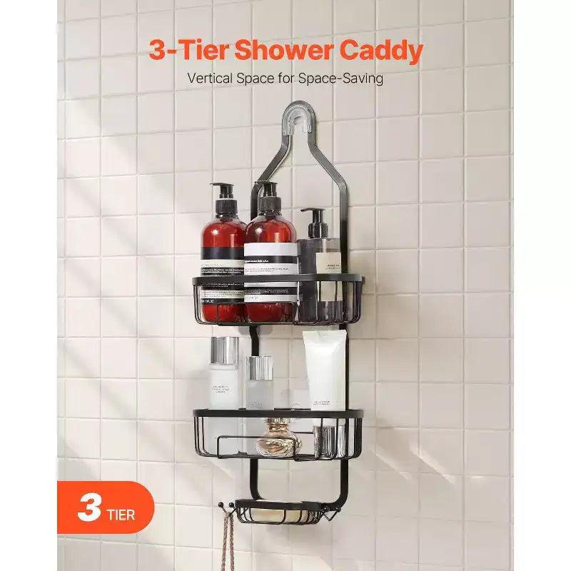 Steel 3-Tier Over-Shower-Head Caddy with Hooks