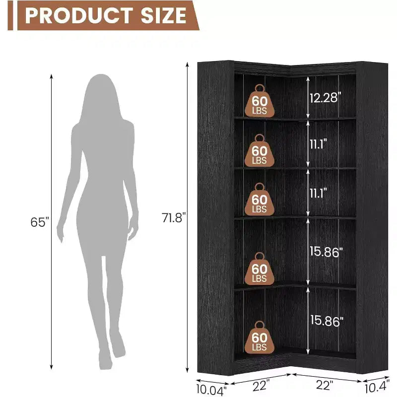 MDF L-Shaped Corner Bookcase 5-Tier 71.8''
