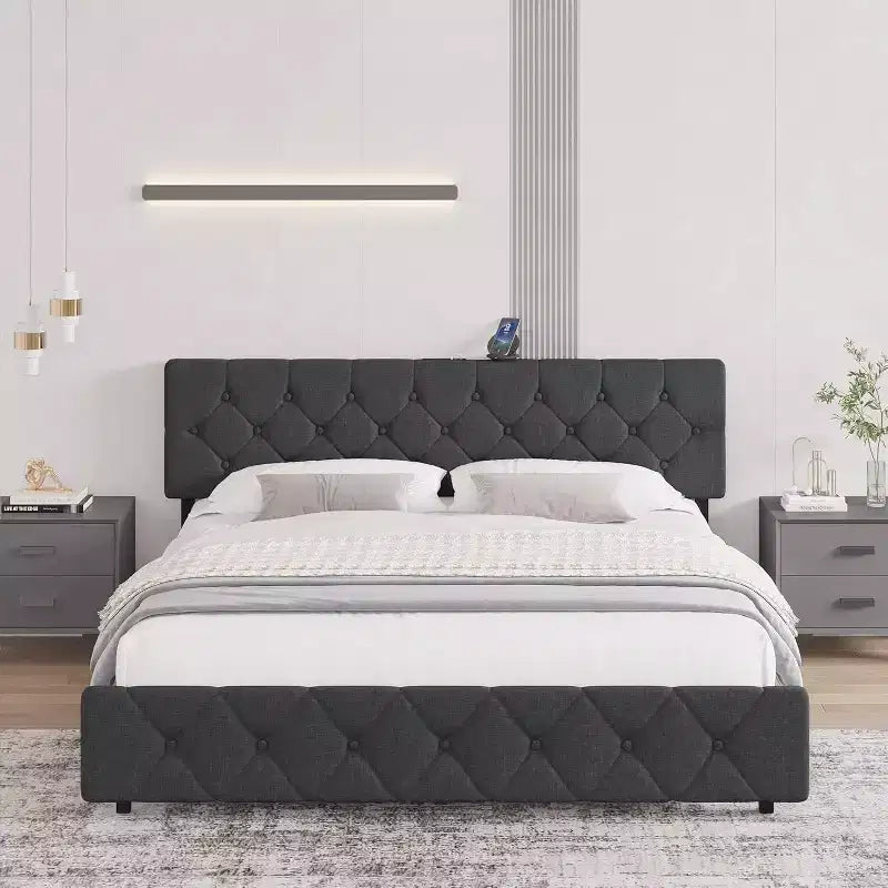 Linen Upholstered Platform Bed Frame with USB Ports