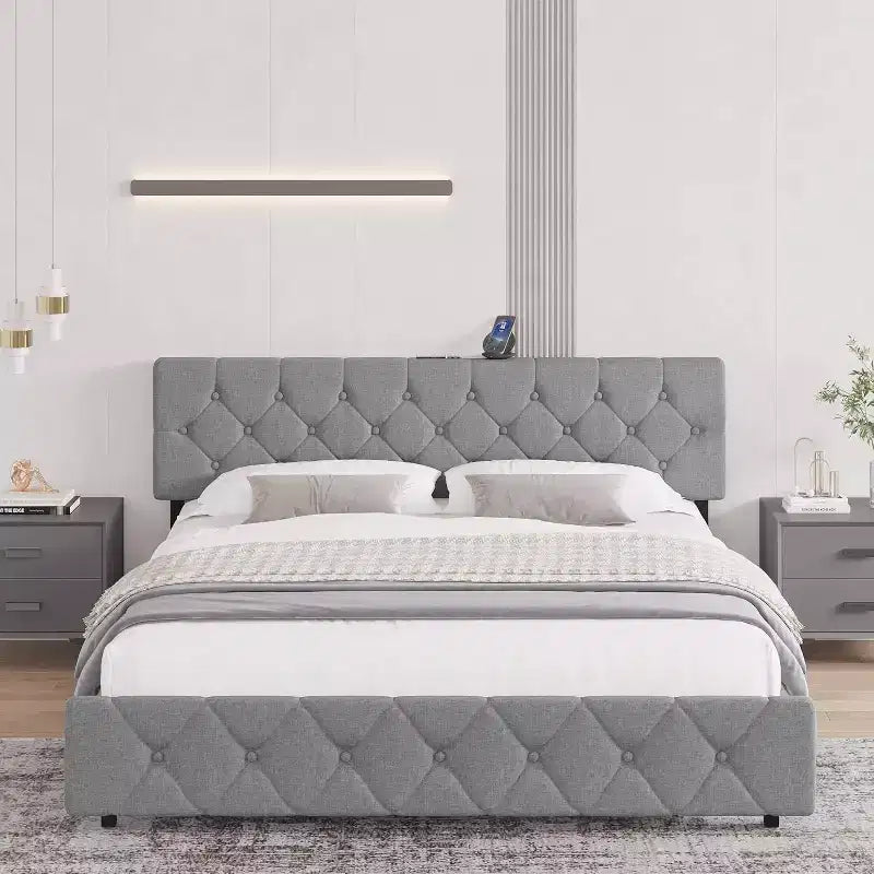 Linen Upholstered Platform Bed Frame with USB Ports