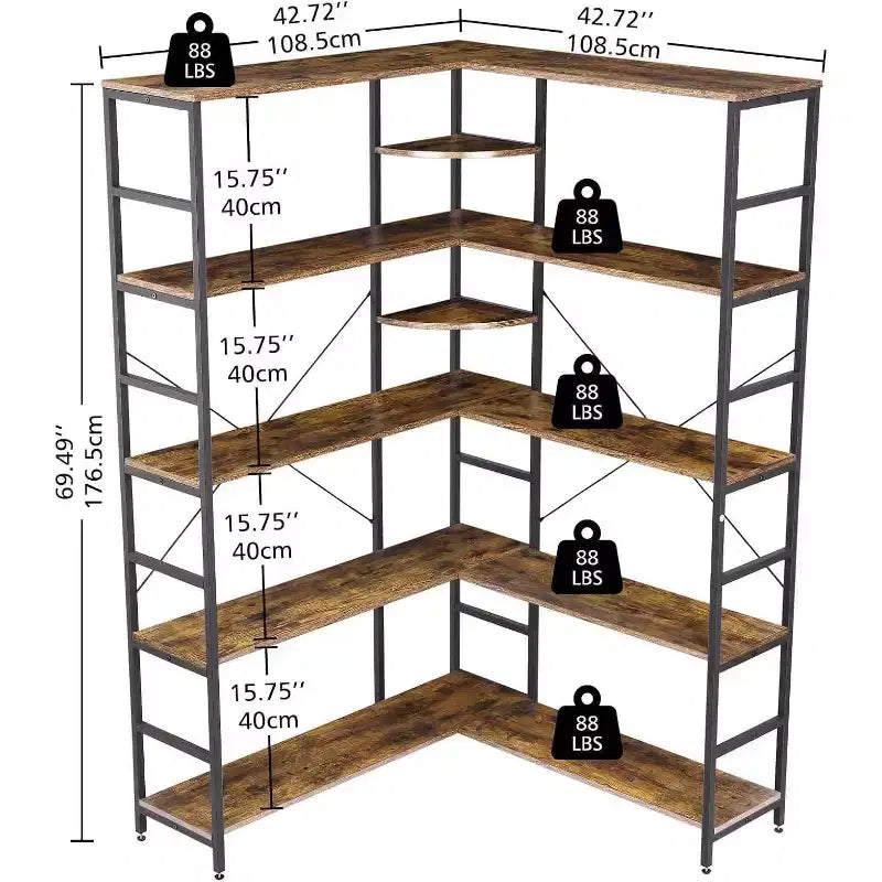Bücherregal aus MDF und Metall, 5 Etagen, L-förmig, Eckregal, 176,5 cm hoch