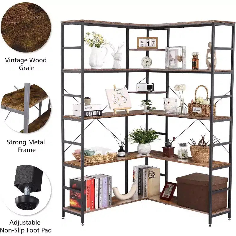 Bücherregal aus MDF und Metall, 5 Etagen, L-förmig, Eckregal, 176,5 cm hoch