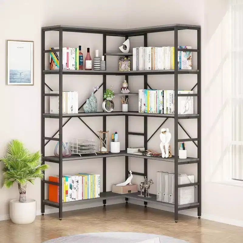 Bücherregal aus MDF und Metall, 5 Etagen, L-förmig, Eckregal, 176,5 cm hoch