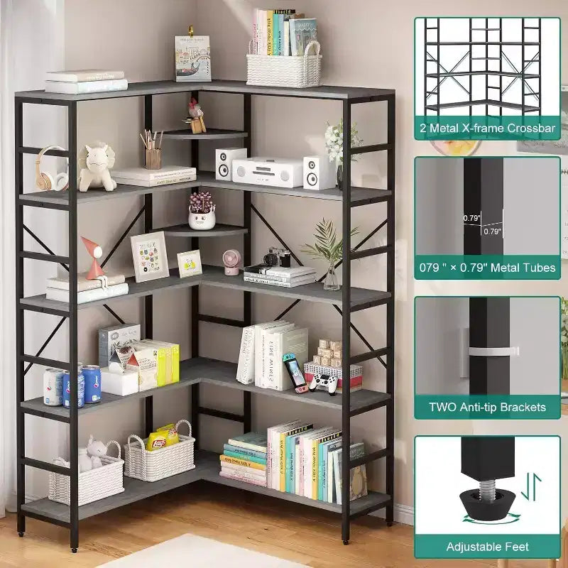 Bücherregal aus MDF und Metall, 5 Etagen, L-förmig, Eckregal, 176,5 cm hoch