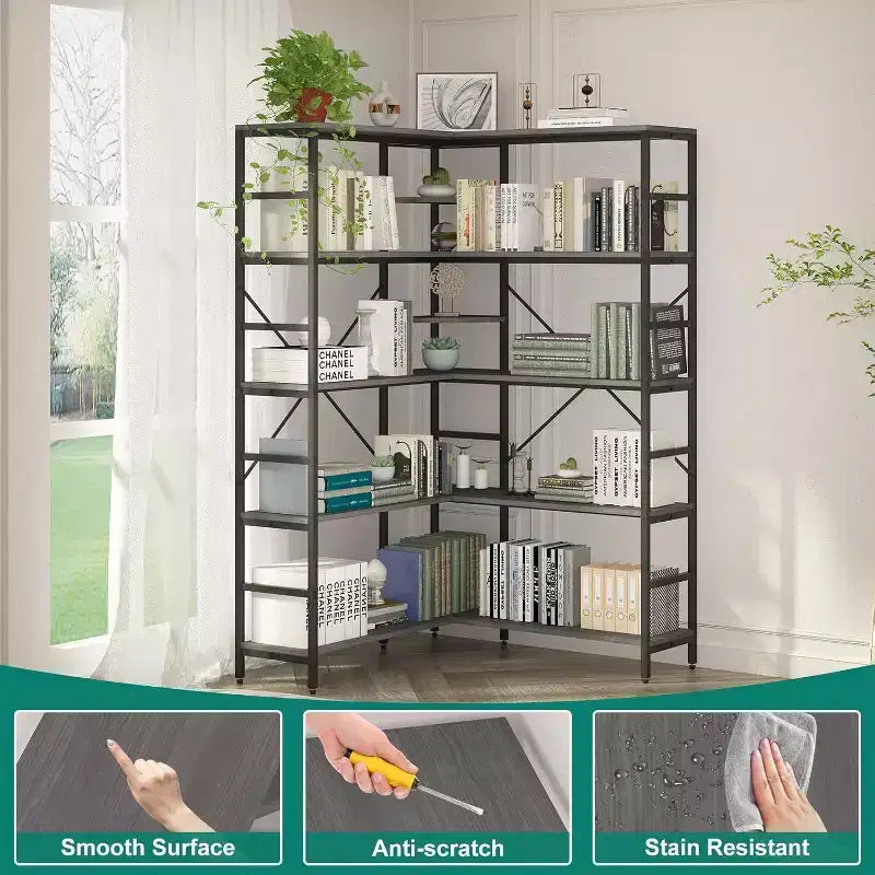 Bücherregal aus MDF und Metall, 5 Etagen, L-förmig, Eckregal, 176,5 cm hoch
