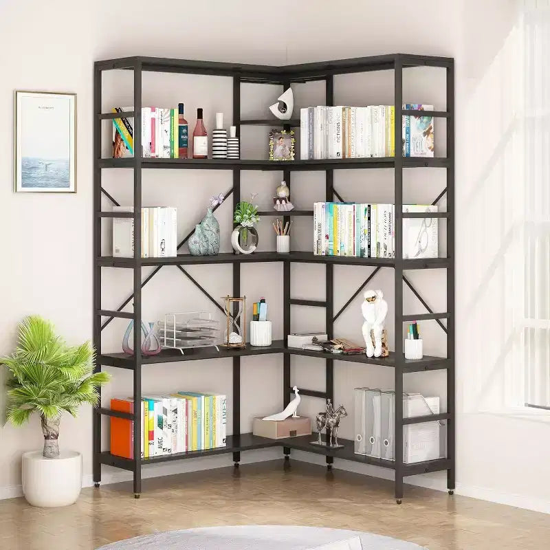 MDF and Metal 5-Tier L-Shaped Corner Bookcase 69.5"H