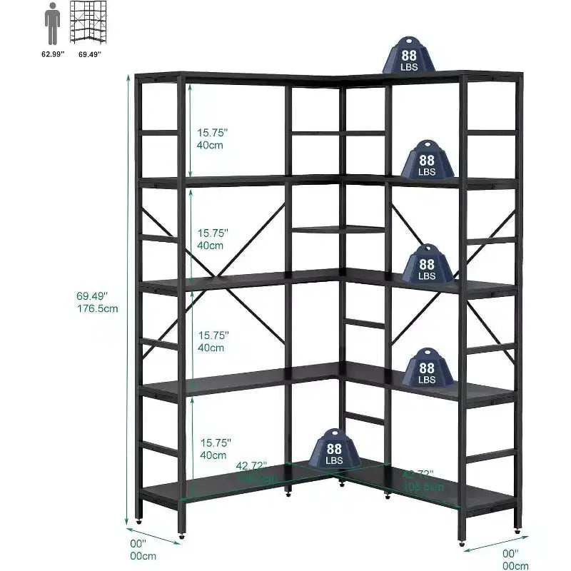 MDF and Metal 5-Tier L-Shaped Corner Bookcase 69.5"H
