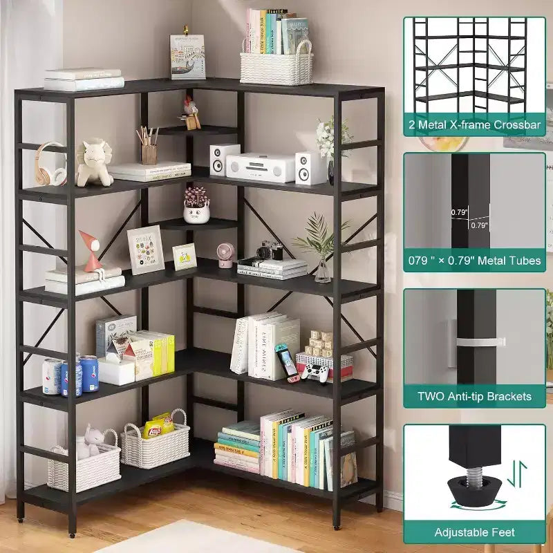 Bücherregal aus MDF und Metall, 5 Etagen, L-förmig, Eckregal, 176,5 cm hoch