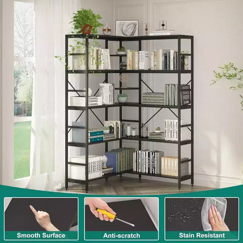MDF and Metal 5-Tier L-Shaped Corner Bookcase 69.5"H