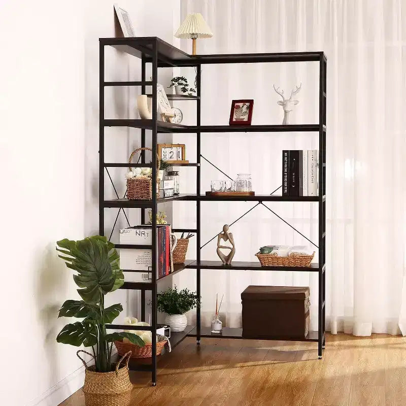 Bücherregal aus MDF und Metall, 5 Etagen, L-förmig, Eckregal, 176,5 cm hoch