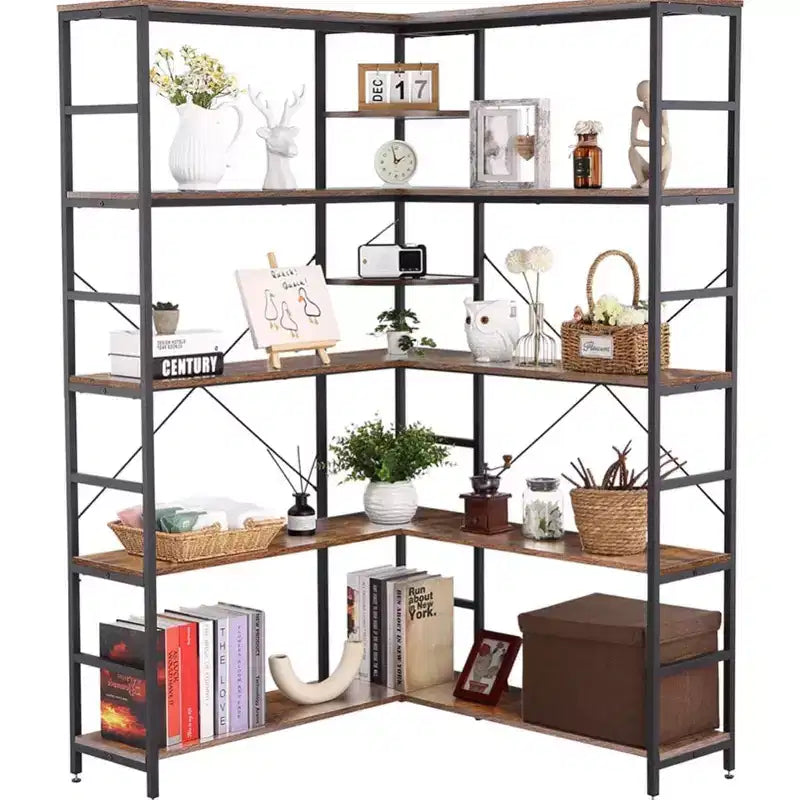 MDF and Metal 5-Tier L-Shaped Corner Bookcase 69.5"H