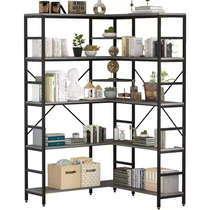 MDF and Metal 5-Tier L-Shaped Corner Bookcase 69.5"H